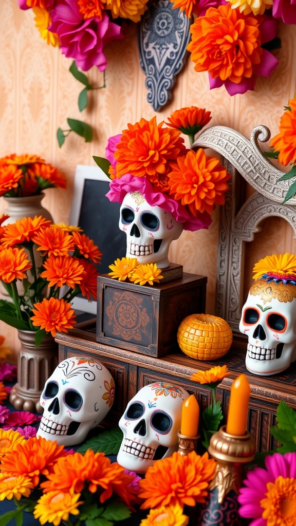 Colorful Día de los Muertos altar with decorated skulls, marigold flowers, candles, and offerings.