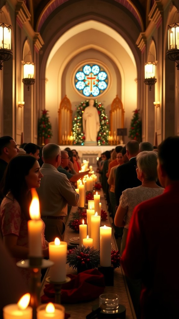 People gathered for Midnight Mass with candles in a beautifully decorated church