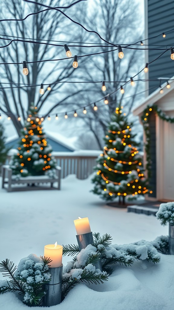 A snowy outdoor setting with candles and string lights, reflecting minimalist Scandinavian design.