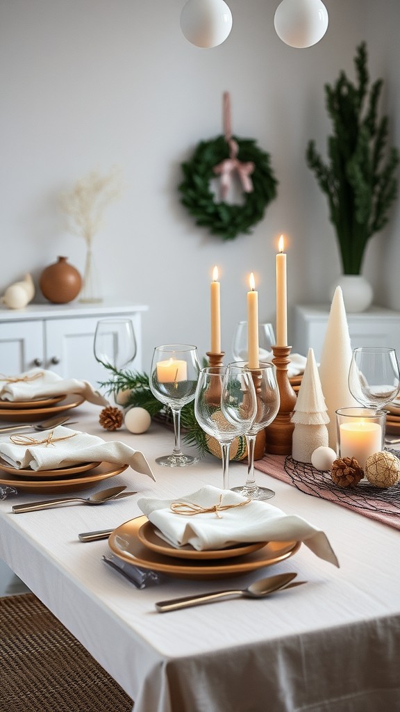 A dining table set in minimalist Scandinavian style with soft colors, candles, and natural decor elements.