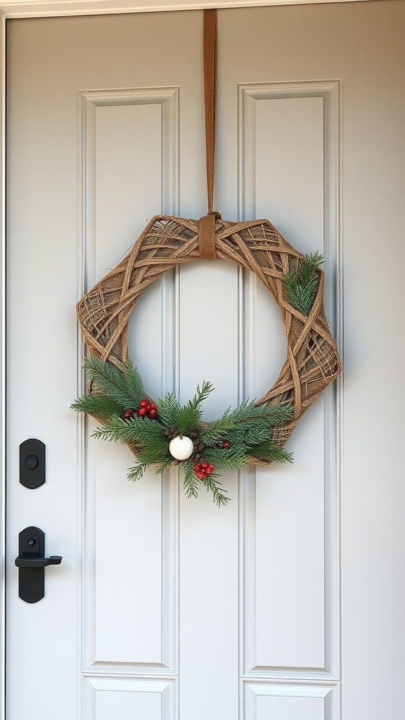 Modern geometric twine wreath hanging on a door