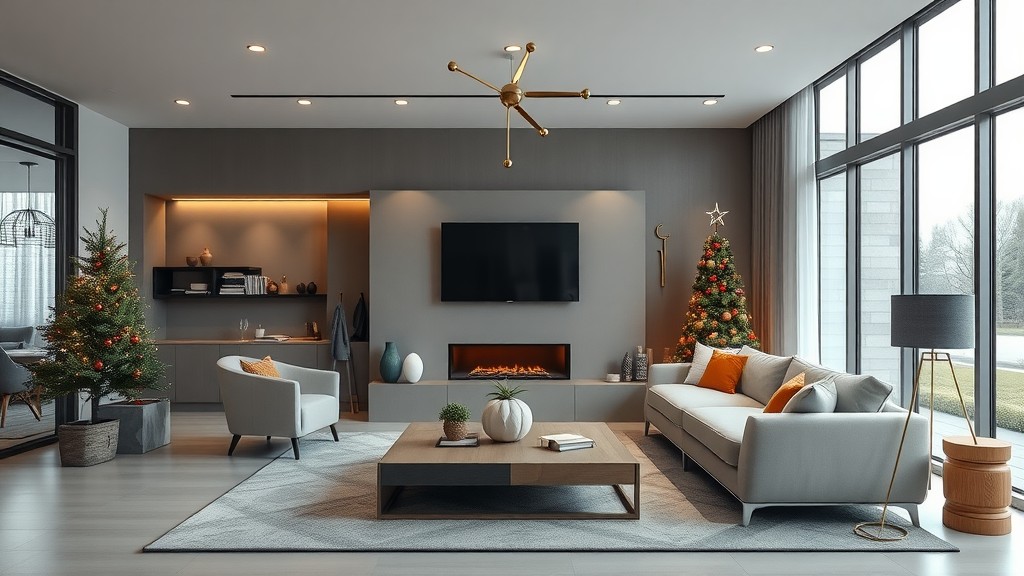 A modern living room decorated for the holidays with minimalistic design and Christmas trees.