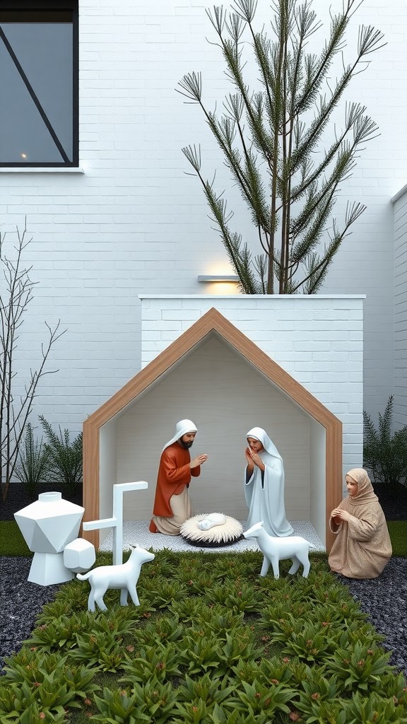 A modern minimalist nativity scene featuring simplified figures of Mary, Joseph, and baby Jesus, set in a sleek structure with greenery around.