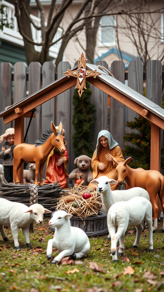 A nativity scene featuring live animals, including sheep and a donkey, with a figure of Mary and decorations.