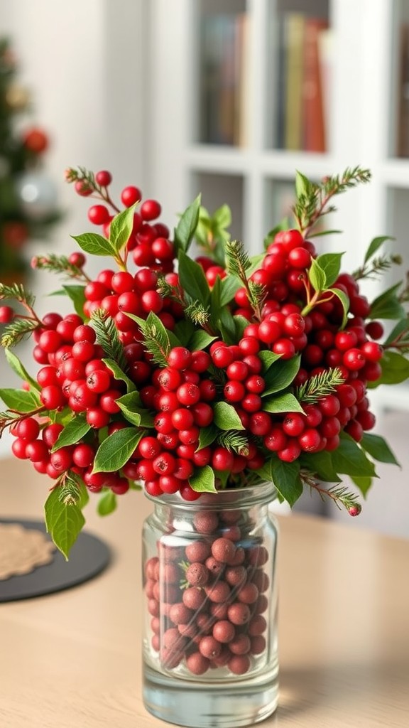 A festive arrangement of bright red berries and greenery in a glass jar on a wooden table.