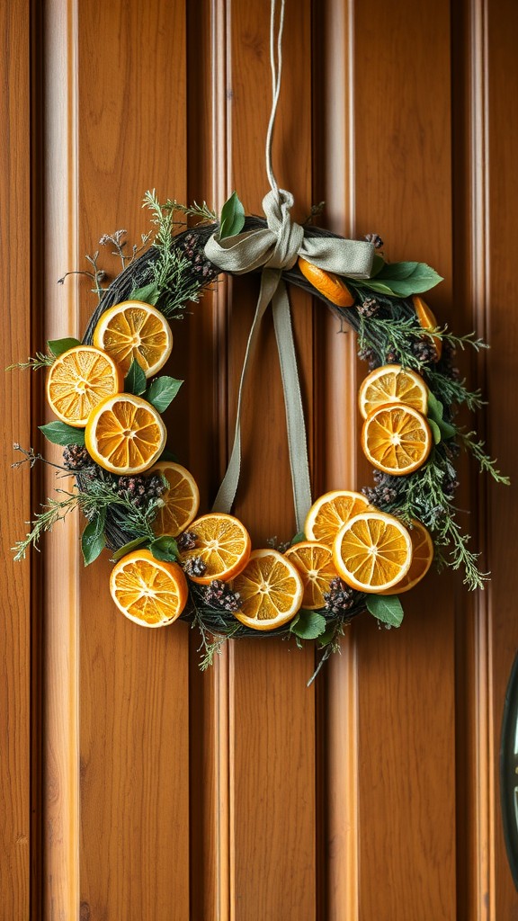 A vibrant wreath made of dried citrus slices, green herbs, and pinecones, hanging on a wooden door.