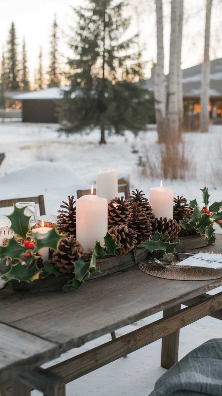 A wooden table with a natural centerpiece made of pinecones, white candles, and holly, set in a snowy outdoor environment.