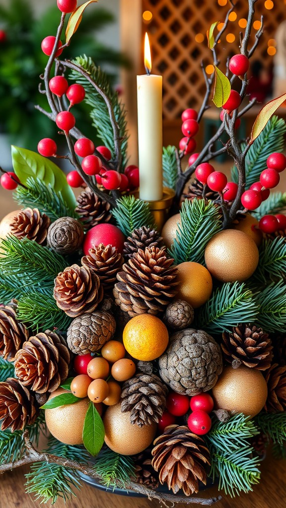 A festive centerpiece featuring pinecones, red berries, greenery, and a candle.