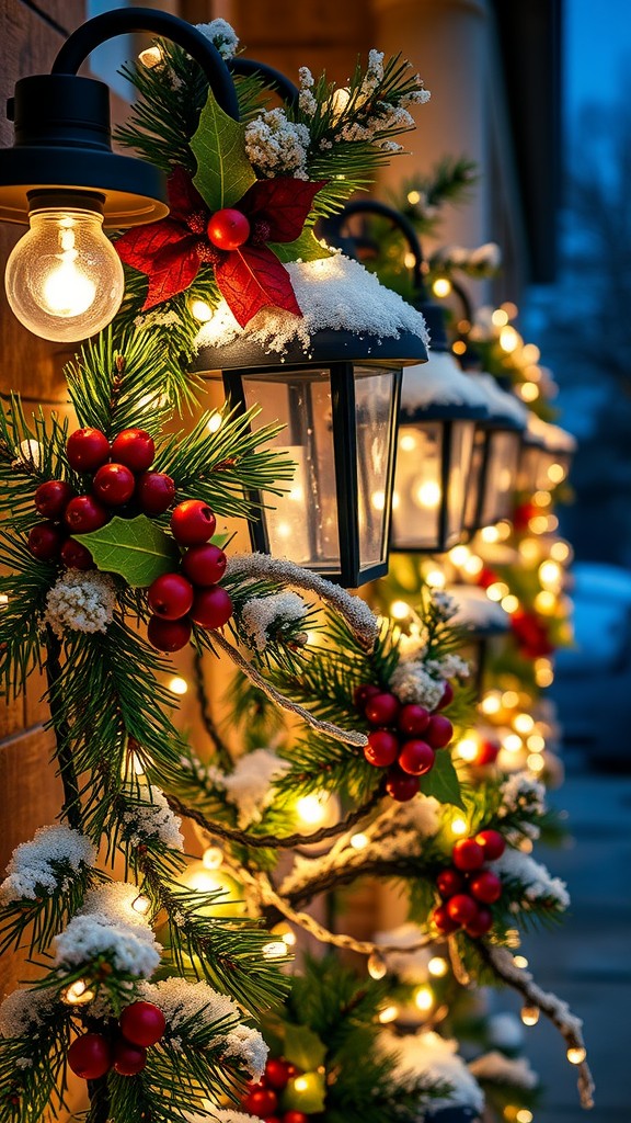 A beautifully decorated winter entrance with lanterns, garland, and snow