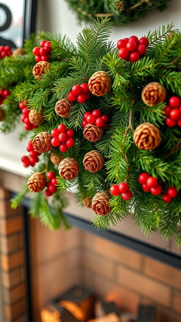 A decorative garland made of pinecones and red berries, displayed on a mantel.