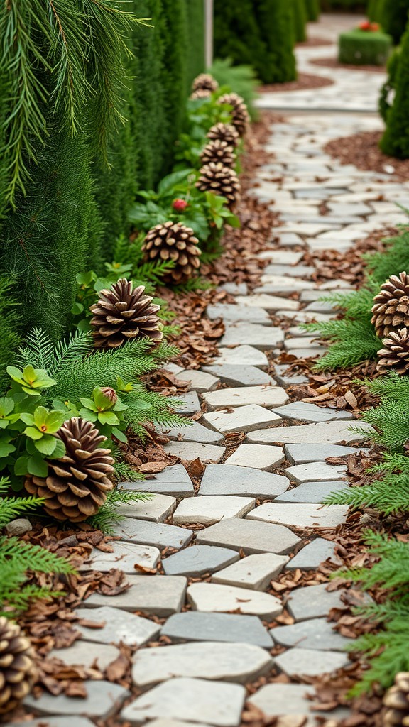 A stone pathway surrounded by pinecones and green foliage.