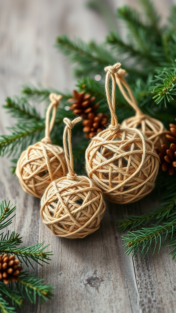 Natural twine ornaments on pine branches with pine cones