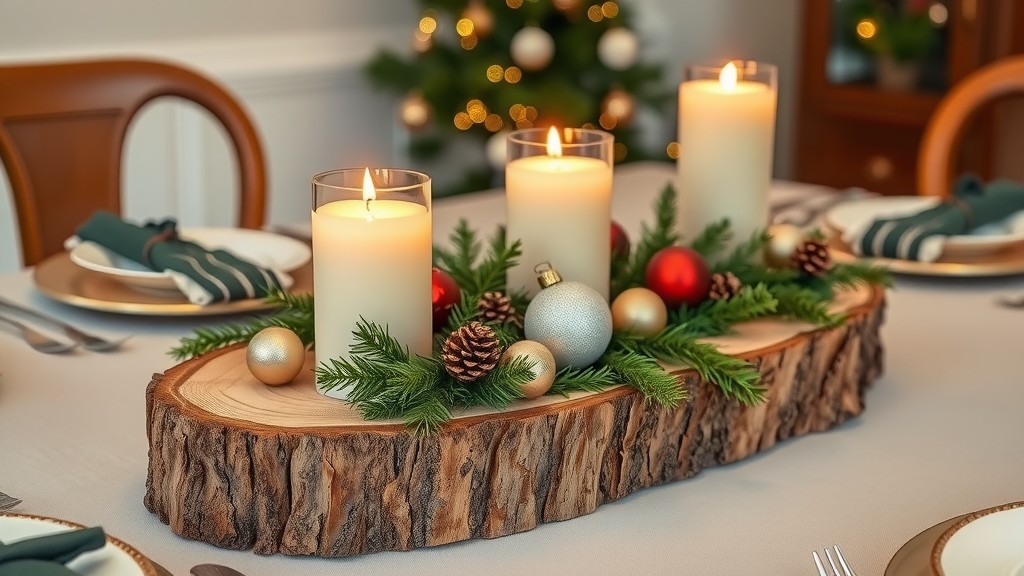 A festive centerpiece featuring a natural wood slice with candles, ornaments, and pinecones.