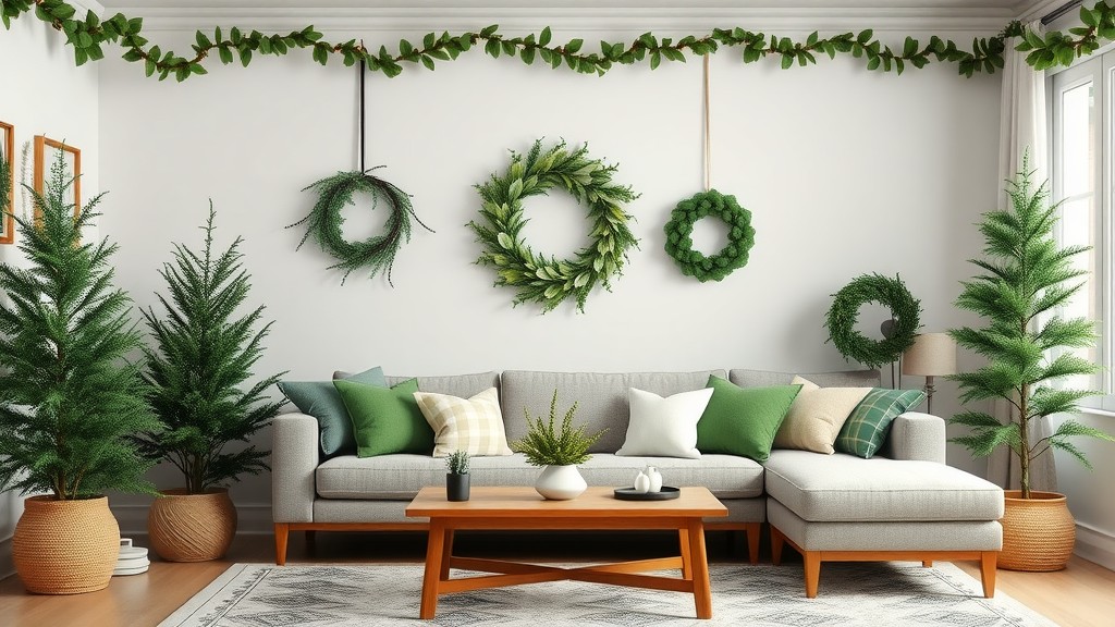 Cozy living room with evergreen accents, featuring wreaths on the wall and potted trees beside a sofa.