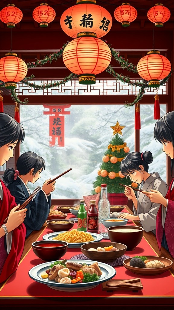 A festive New Year celebration with a table full of traditional dishes and decorations.