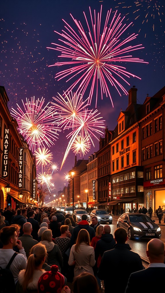 A vibrant New Year's Eve celebration with fireworks illuminating the night sky and a crowd of people watching.