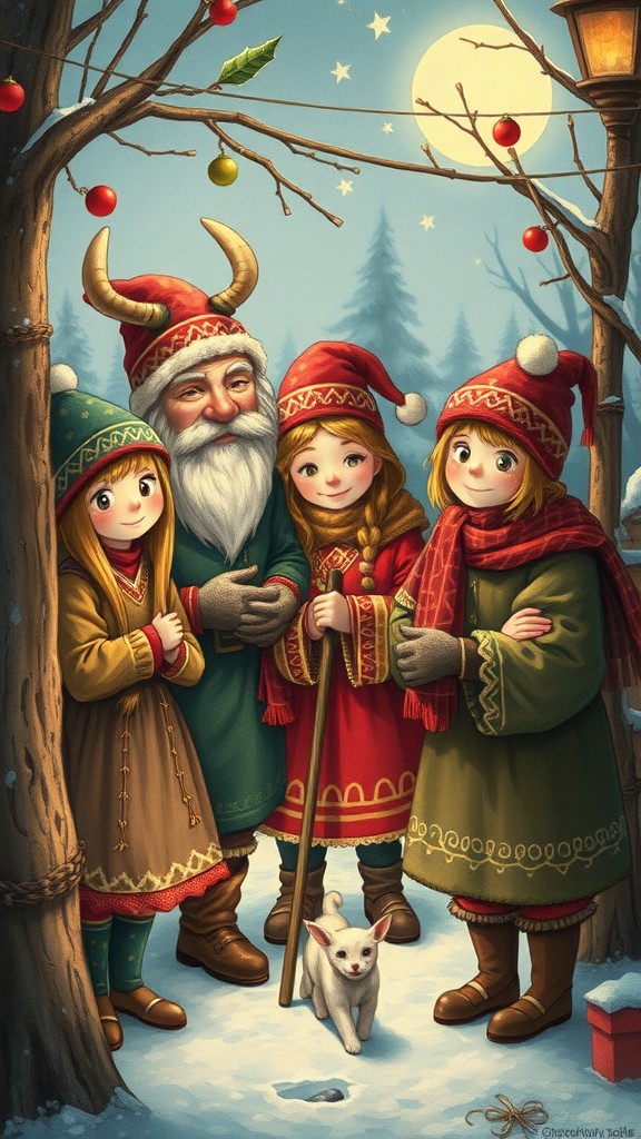 A festive scene depicting a jolly figure with children in traditional Nordic attire, surrounded by a snowy landscape and a small dog.