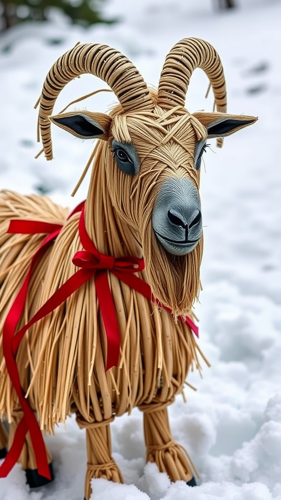 A straw Yule Goat decoration with red ribbon in a snowy setting