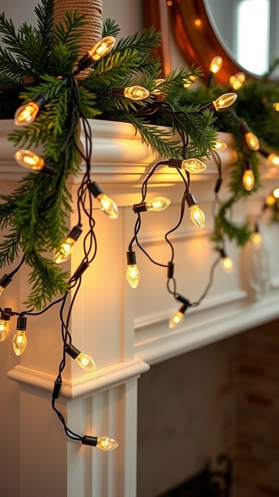 A garland featuring old Christmas lights interwoven with greenery, displayed on a mantel.