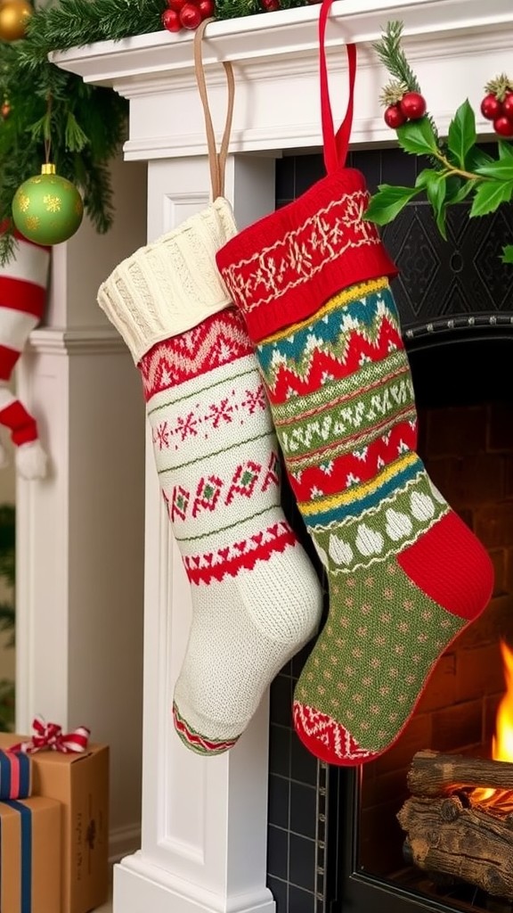 Two colorful stockings made from old sweaters hanging by a fireplace