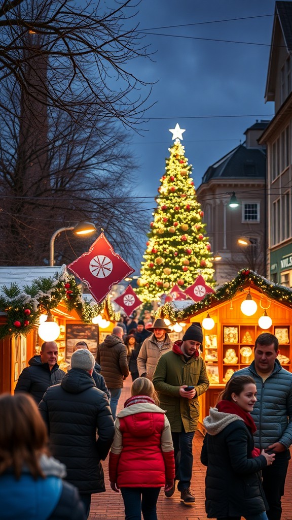 A festive outdoor market filled with families and lights, showcasing cheerful community spirit.