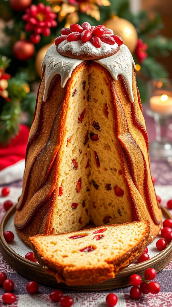 A beautifully decorated panettone with a slice cut out, showcasing its fluffy interior, set against a festive background.