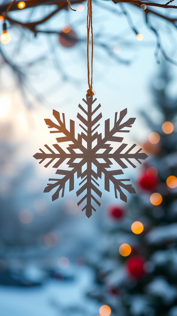 A delicate paper snowflake ornament hanging in front of a softly lit winter scene