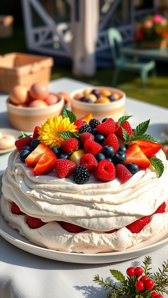 A beautifully decorated pavlova topped with various fresh berries and a sunflower.