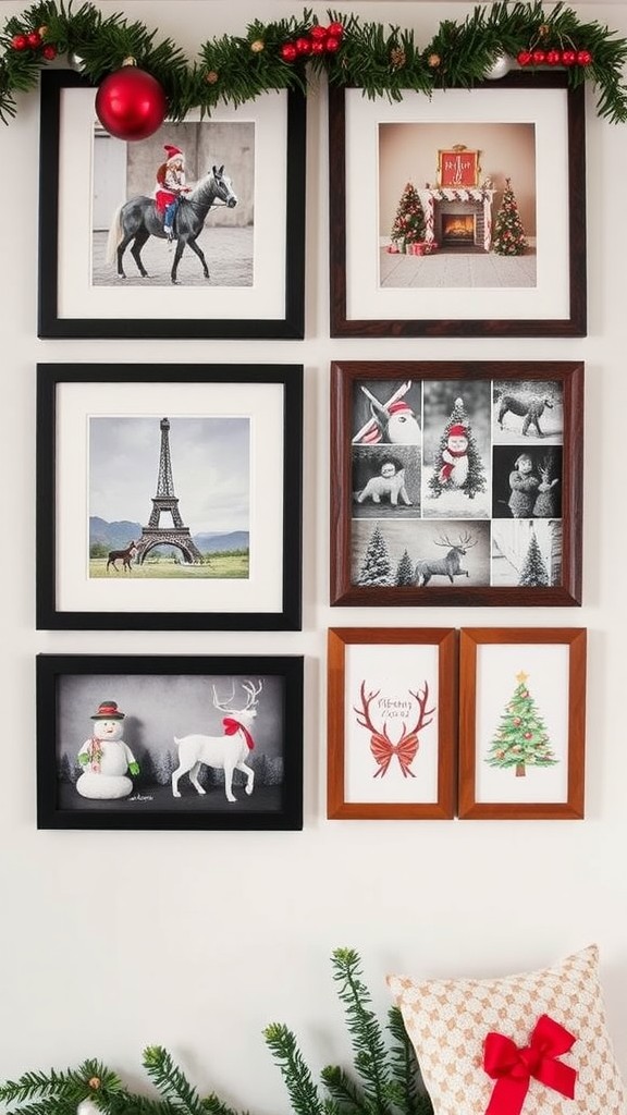 A wall art display featuring framed Christmas cards with festive themes.