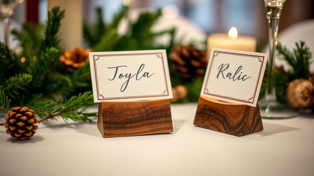 Personalized place card holders with names Toyla and Ralic, surrounded by pinecones and greenery.