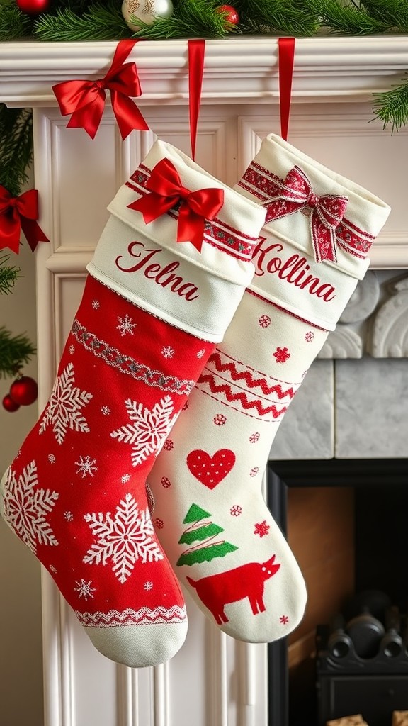 A row of personalized Christmas stockings hung above a fireplace, decorated with colorful patterns and names.