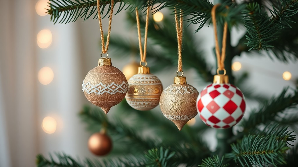 A close-up view of four handmade ornaments hanging from a Christmas tree.