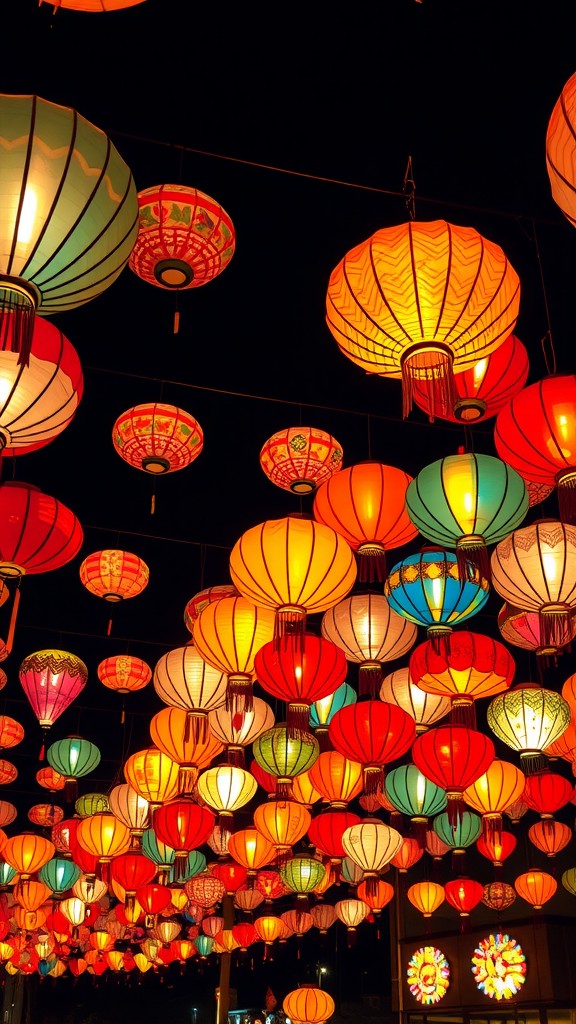 Colorful lanterns hanging in the night sky during the Philippine Festival of Lights