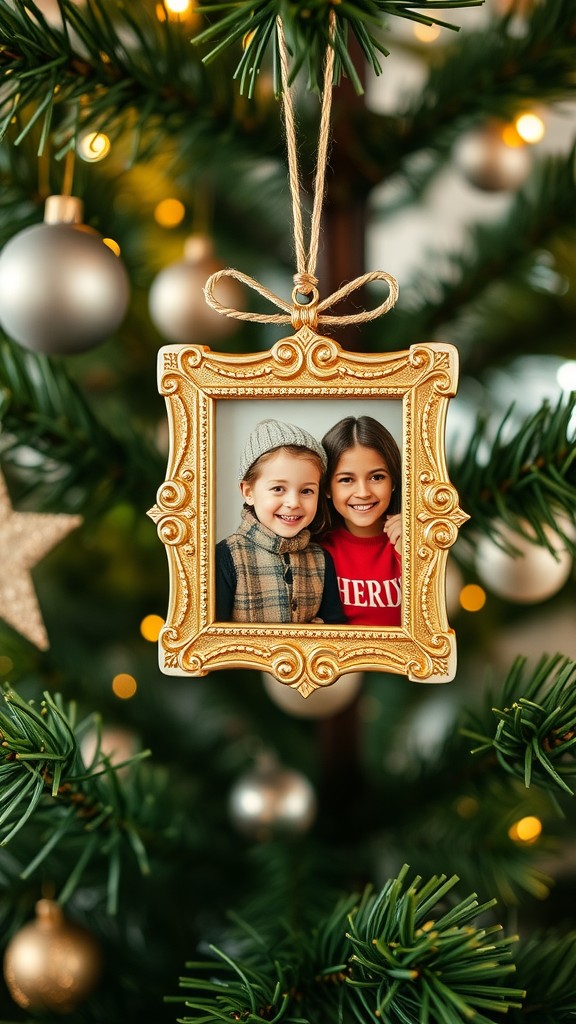 A decorative photo frame ornament featuring a smiling couple, surrounded by festive holiday decorations on a Christmas tree.