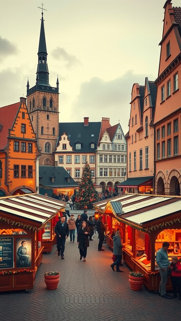 Tallinn Christmas Market with wooden stalls and a church tower in the background