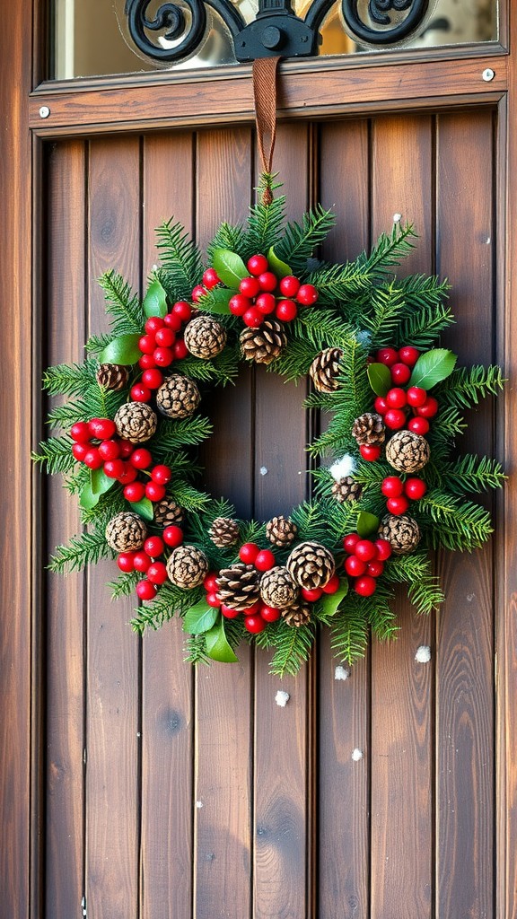 A festive pine cone and berry wreath hanging on a wooden door