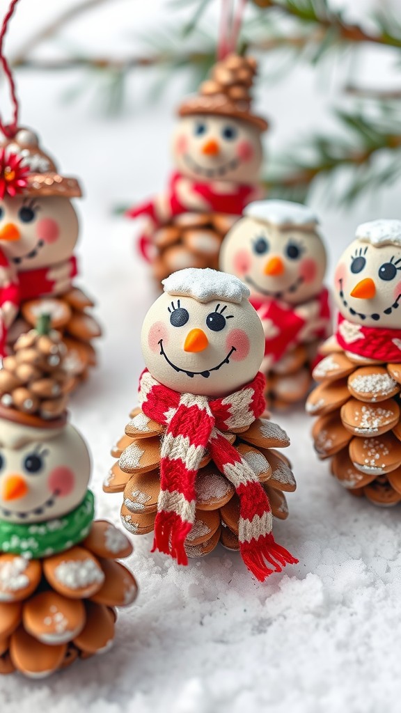 A group of charming pine cone snowmen decorations with colorful scarves and hats.