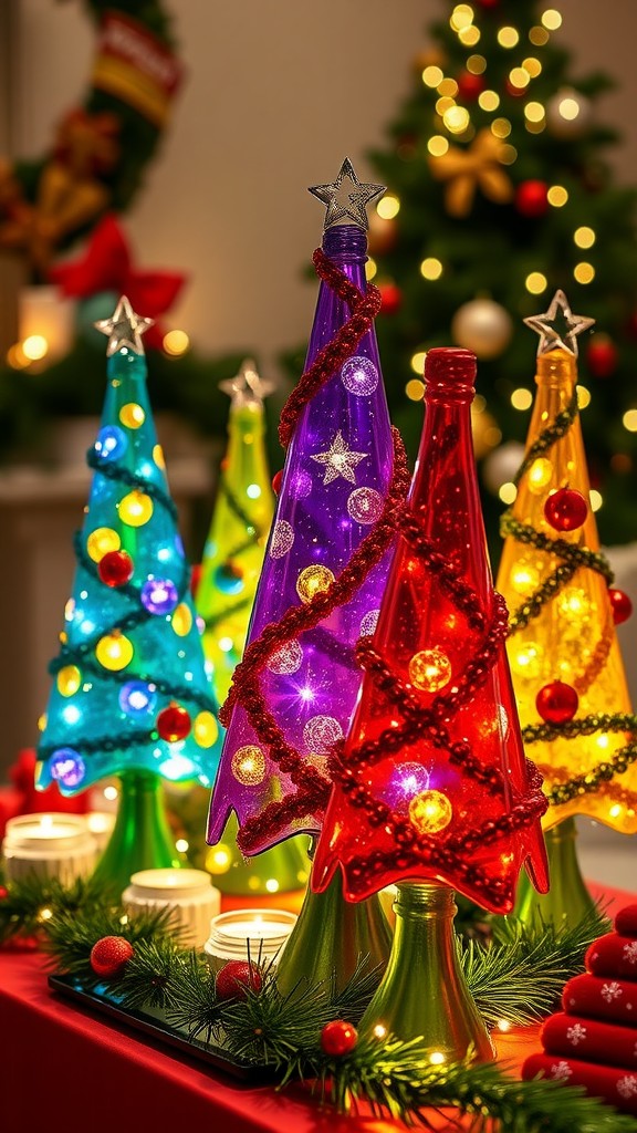 Colorful glass bottle Christmas trees with lights and decorations on a festive table