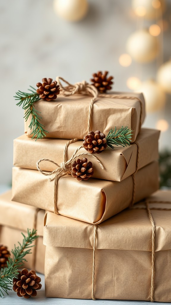 Stacked gifts wrapped in brown paper with pinecones and greenery decorations