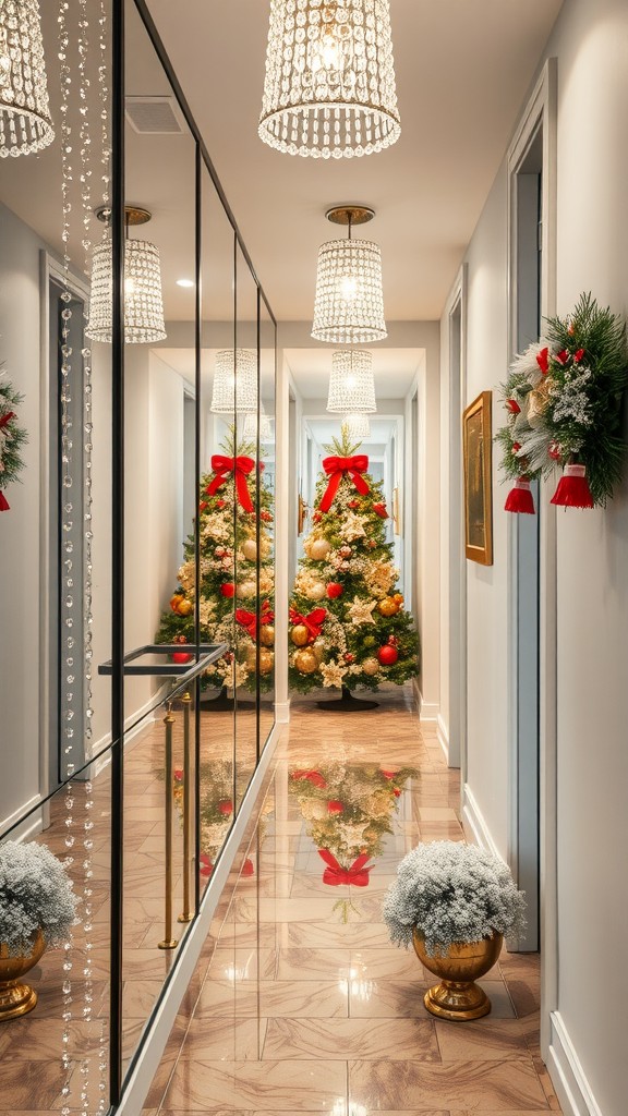 A beautifully decorated hallway with Christmas trees, reflective surfaces, and elegant lighting.