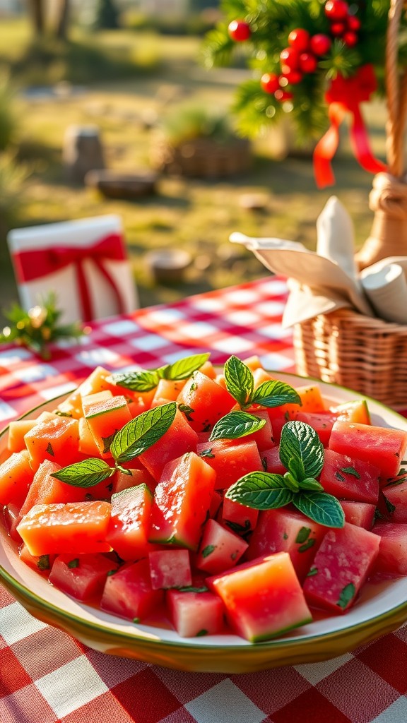 Plate of watermelon cubes with mint leaves, set on a red and white checkered tablecloth.