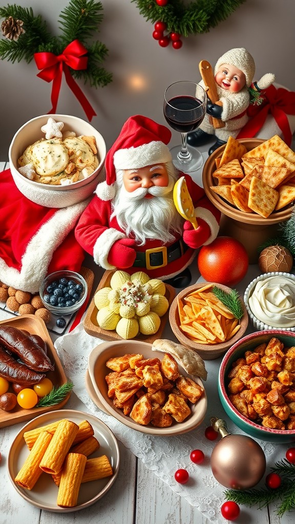 A festive holiday spread featuring various snacks and treats, centered around a Santa figurine.