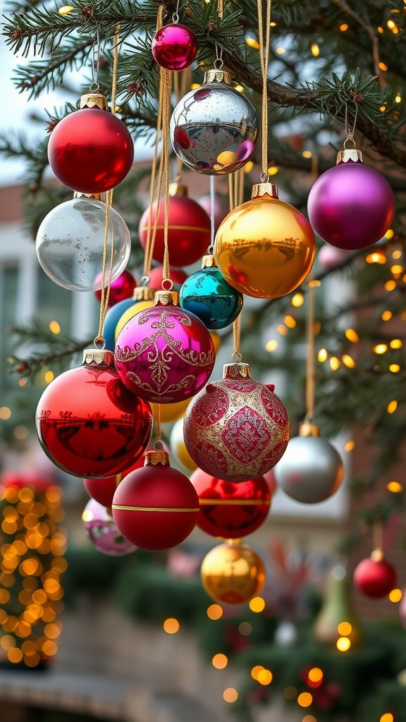 Colorful holiday ornaments hanging from a tree branch with lights in the background.