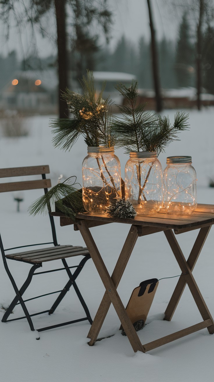 Three mason jars filled with lights and pine branches on a snowy table