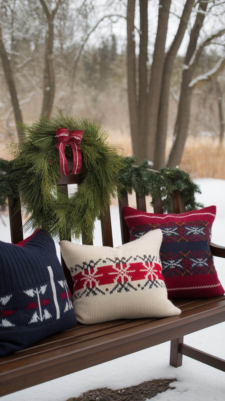 Cozy sweater pillows arranged on a wooden bench with a festive wreath in the background.