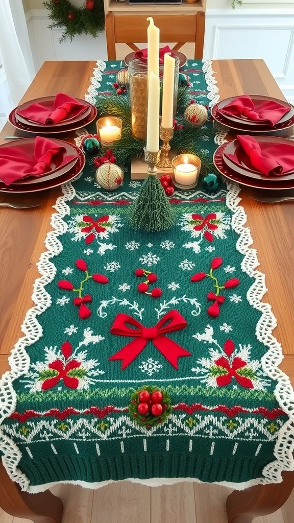 A cozy holiday table setting featuring a green sweater runner with red and white designs, surrounded by candles and festive decorations.