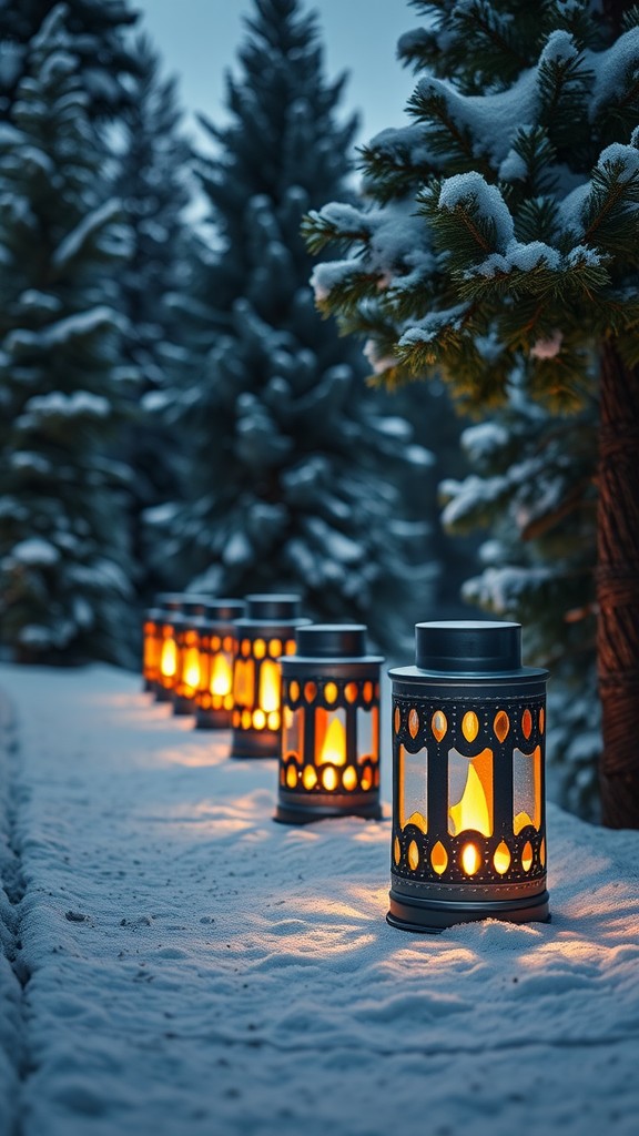 A row of tin can lanterns glowing in the snow surrounded by pine trees