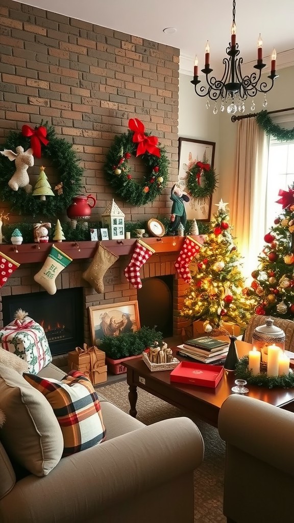 A living room before and after decoration changes for a festive look. The top half shows a more traditional decor, while the bottom half displays a cozy, updated festive atmosphere.