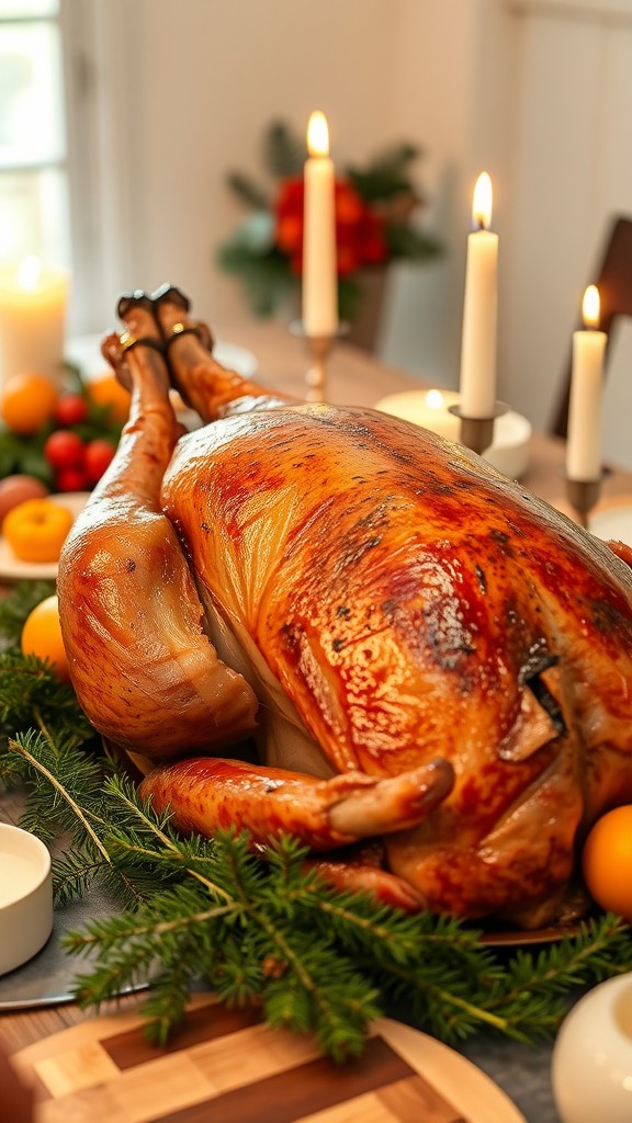 A beautifully roasted goose served on a festive table with candles and decorations.