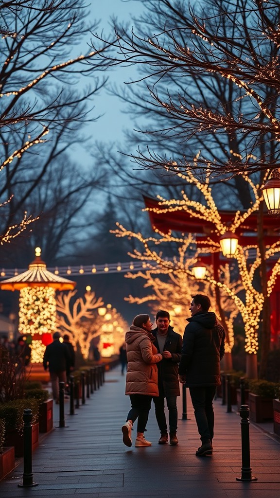 A romantic scene with friends enjoying Christmas lights in the evening.